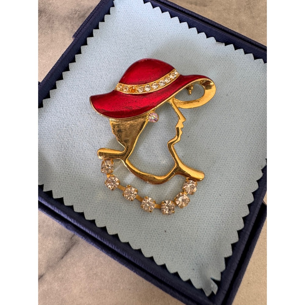 Vintage Red Hat Lady Brooch Gold Tone Enamel Rhinestone Silhouette Pin
